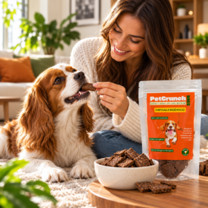 Cachorro recebendo biscoito PetCrunch Dogs de sua tutora em um apartamento iluminado, com a embalagem do petisco ao lado.