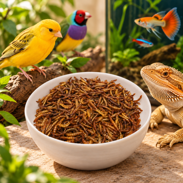 Larvas desidratadas de Tenebrio molitor da Ybynsect, alimento para aves, peixes ornamentais e répteis.