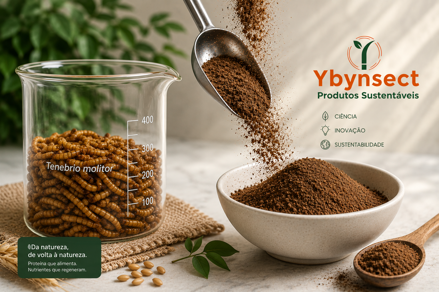 Larvas e farinha de Tenebrio molitor em recipientes de vidro - fonte sustentável de proteína para ração de cães e gatos